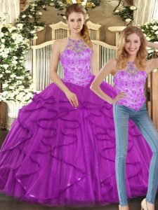 Unique Ball Gowns 15th Birthday Dress Purple Halter Top Tulle Sleeveless Floor Length Lace Up