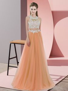 Simple Orange Two Pieces Tulle Halter Top Sleeveless Lace Floor Length Zipper Quinceanera Court of Honor Dress