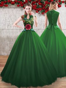 On Sale Green Sleeveless Hand Made Flower Floor Length Quinceanera Dress