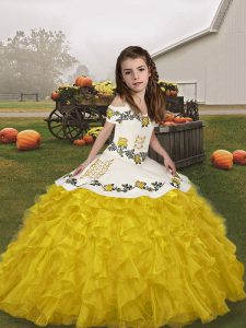 Ball Gowns Pageant Dress Toddler Gold Straps Organza Sleeveless Floor Length Lace Up