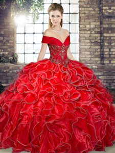 Pretty Organza Off The Shoulder Sleeveless Lace Up Beading and Ruffles Sweet 16 Quinceanera Dress in Red