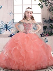 Watermelon Red Ball Gowns Straps Sleeveless Tulle Floor Length Lace Up Beading and Ruffles Child Pageant Dress