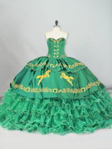 Sweetheart Sleeveless Brush Train Lace Up Embroidery and Ruffled Layers Sweet 16 Dresses in Green