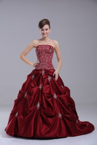 Wine Red Strapless Lace Up Embroidery and Pick Ups Quince Ball Gowns Brush Train Sleeveless