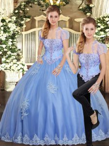 Floor Length Lace Up Quinceanera Gowns Light Blue for Military Ball and Sweet 16 and Quinceanera with Beading and Appliques