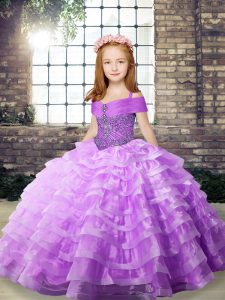 New Arrival Lilac Organza Lace Up Straps Sleeveless High School Pageant Dress Brush Train Beading and Ruffled Layers