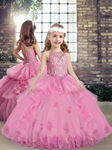 Stylish Lilac Tulle Lace Up Scoop Sleeveless Floor Length Little Girls Pageant Dress Wholesale Beading and Appliques