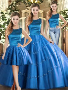 Cheap Blue Lace Up Ball Gown Prom Dress Appliques Sleeveless Floor Length