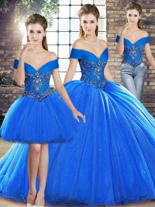 Fashionable Royal Blue Lace Up Quinceanera Dress Beading Sleeveless Brush Train
