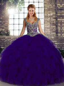 Free and Easy Purple Sleeveless Organza Lace Up Quince Ball Gowns for Military Ball and Sweet 16 and Quinceanera