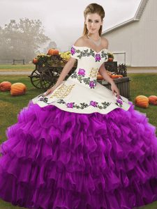 Exquisite Floor Length White And Purple Quince Ball Gowns Off The Shoulder Sleeveless Lace Up