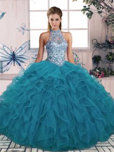 Inexpensive Floor Length Teal Quince Ball Gowns Halter Top Sleeveless Lace Up
