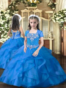 Blue Sleeveless Floor Length Beading and Ruffles Lace Up Kids Pageant Dress