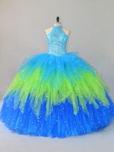 Floor Length Lace Up Sweet 16 Dresses Multi-color for Sweet 16 and Quinceanera with Beading and Ruffles
