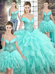 Off The Shoulder Sleeveless Organza Quinceanera Dress Beading and Ruffles Brush Train Lace Up