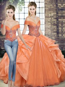 Beading and Ruffles Quinceanera Dress Orange Lace Up Sleeveless Floor Length