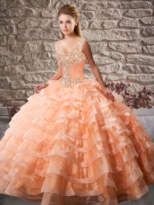 Dynamic Ball Gowns Sleeveless Orange Sweet 16 Quinceanera Dress Court Train Lace Up