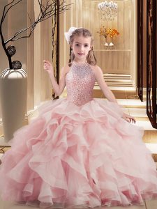 Inexpensive Scoop Sleeveless Kids Pageant Dress Floor Length Beading and Ruffles Pink Organza