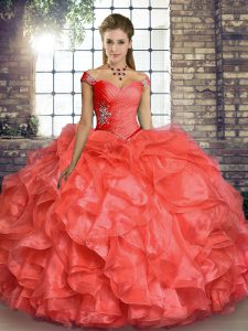Great Coral Red Ball Gowns Beading and Ruffles Quince Ball Gowns Lace Up Organza Sleeveless Floor Length