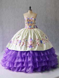 Deluxe Floor Length Lavender Quinceanera Dresses Organza Sleeveless Embroidery and Ruffled Layers