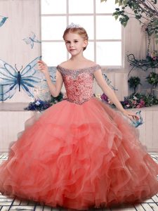 Peach Little Girls Pageant Gowns Party and Sweet 16 and Wedding Party with Beading and Ruffles Off The Shoulder Sleeveless Lace Up