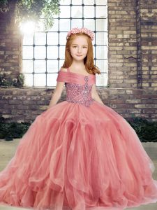 Perfect Watermelon Red Tulle Lace Up Little Girl Pageant Gowns Sleeveless Floor Length Beading