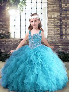 Hot Sale Aqua Blue Girls Pageant Dresses Party and Wedding Party with Beading and Ruffles Straps Sleeveless Lace Up