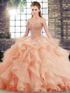 Colorful Peach Quince Ball Gowns Tulle Brush Train Sleeveless Beading and Ruffles