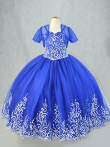Royal Blue Kids Pageant Dress Wedding Party with Beading and Embroidery Spaghetti Straps Sleeveless Lace Up