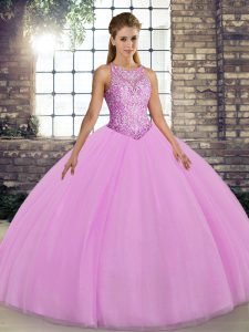 Exquisite Lilac Ball Gowns Scoop Sleeveless Tulle Floor Length Lace Up Embroidery Quinceanera Dresses