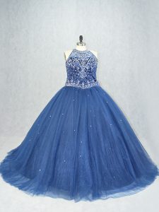 Artistic Scoop Sleeveless Tulle Military Ball Gowns Beading Brush Train Lace Up