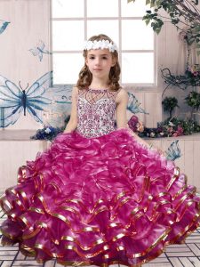 Fuchsia Scoop Neckline Beading and Ruffles Pageant Dress for Girls Sleeveless Lace Up