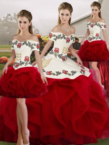 White And Red Sleeveless Floor Length Embroidery and Ruffles Lace Up Quinceanera Gown