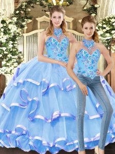 Vintage Organza Sleeveless Floor Length Quinceanera Dresses and Embroidery and Ruffled Layers
