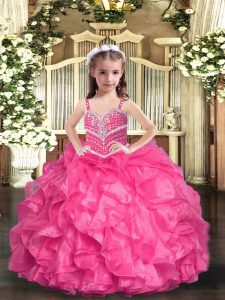 Hot Pink Lace Up Pageant Dress for Teens Beading and Ruffles Sleeveless Floor Length