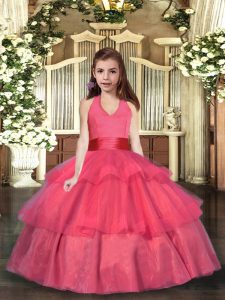 Admirable Coral Red Halter Top Lace Up Ruffled Layers Kids Formal Wear Sleeveless