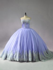 Lavender Ball Gowns Tulle Sweetheart Sleeveless Appliques Lace Up Ball Gown Prom Dress Court Train
