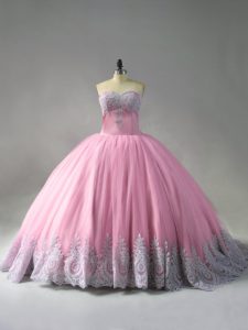 New Arrival Pink Ball Gowns Tulle Sweetheart Sleeveless Beading and Appliques Lace Up Quinceanera Gowns Court Train