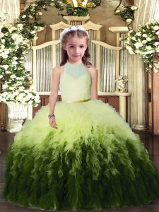 Popular Multi-color Ball Gowns High-neck Sleeveless Tulle Floor Length Backless Ruffles Pageant Dress Wholesale
