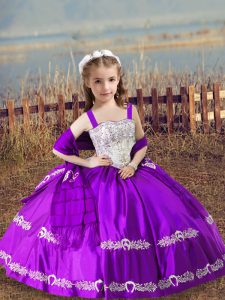 On Sale Purple Sleeveless Floor Length Beading and Embroidery Lace Up Girls Pageant Dresses
