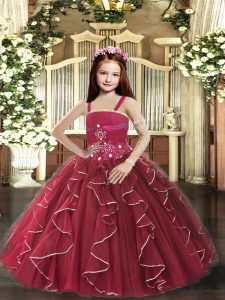 Great Burgundy Tulle Lace Up Straps Sleeveless Floor Length Little Girls Pageant Dress Beading and Ruffles