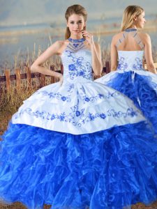 Admirable Royal Blue Quinceanera Dresses Halter Top Sleeveless Court Train Lace Up