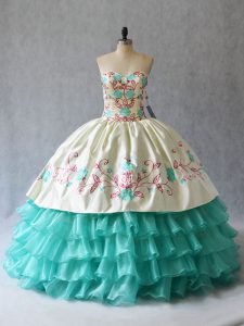 Ball Gowns 15 Quinceanera Dress Aqua Blue Sweetheart Satin and Organza Sleeveless Floor Length Lace Up