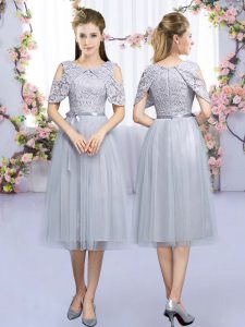 Colorful Tea Length Grey Court Dresses for Sweet 16 Tulle Sleeveless Lace and Belt