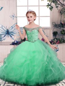 Simple Apple Green Ball Gowns Off The Shoulder Sleeveless Tulle Floor Length Lace Up Beading and Ruffles Kids Pageant Dress