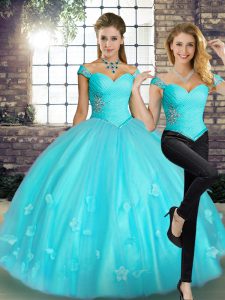Aqua Blue Off The Shoulder Lace Up Beading and Appliques 15th Birthday Dress Sleeveless