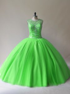 Scoop Sleeveless Quince Ball Gowns Floor Length Beading Tulle
