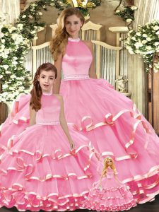 Extravagant Floor Length Lace Up 15th Birthday Dress Pink and In with Beading and Ruffled Layers