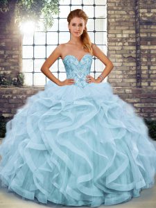 Colorful Light Blue Sleeveless Floor Length Beading and Ruffles Lace Up Sweet 16 Quinceanera Dress