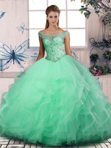 Chic Apple Green Ball Gowns Beading and Ruffles Quinceanera Gowns Lace Up Tulle Sleeveless Floor Length